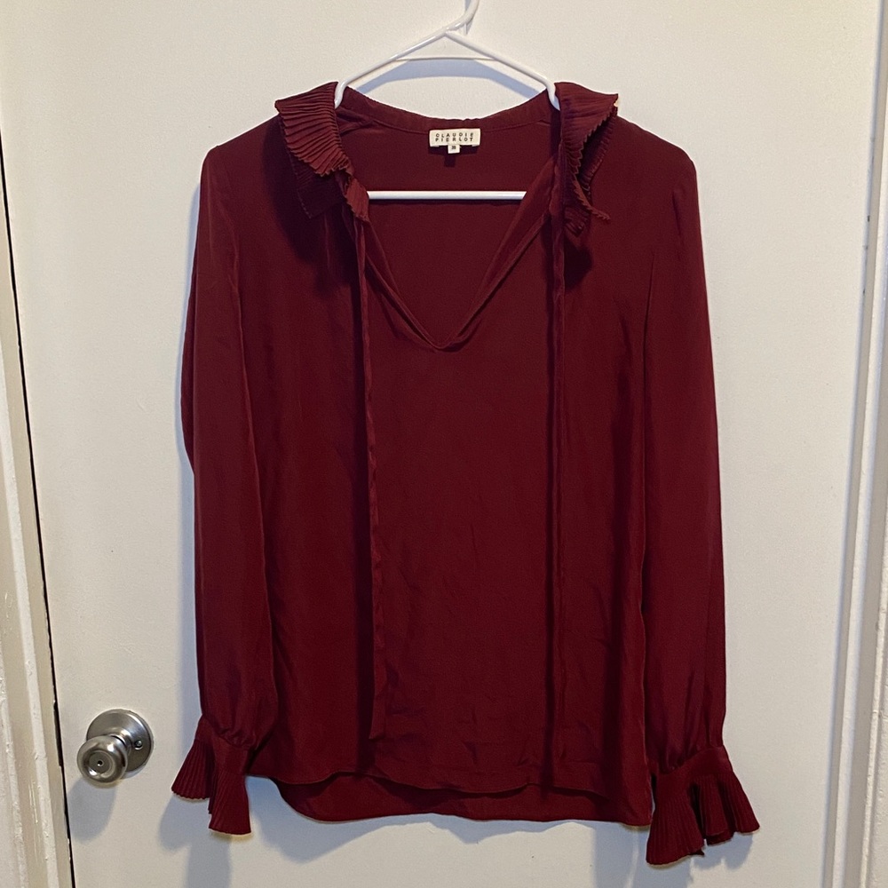Pleated Collar Tie-Front Blouse in Burgundy